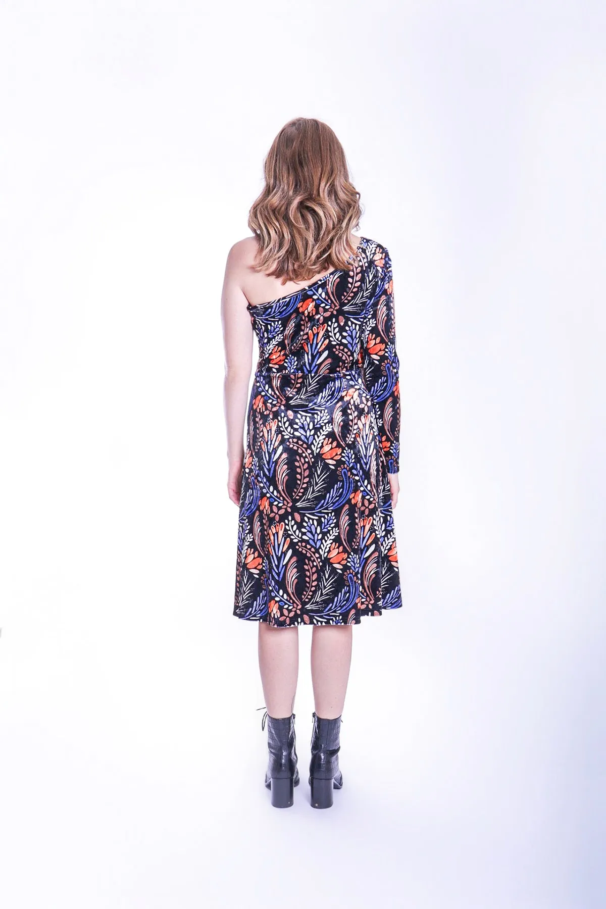 Debbie Velvet One Shoulder Midi Dress in Black