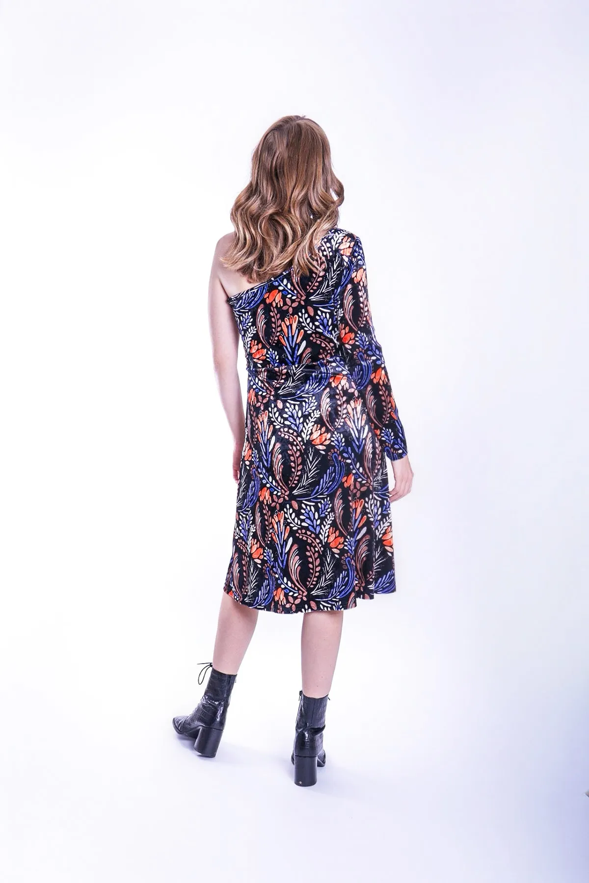 Debbie Velvet One Shoulder Midi Dress in Black