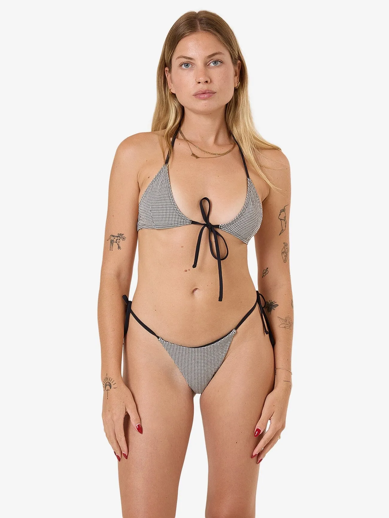 Gia Gingham Micro String Bikini Bottom - Black